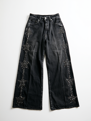 Stylish Black Wide Leg Jeans with Star Pattern and Rhinestone Detailing