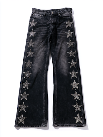 Stylish Black Wide Leg Jeans with Star Pattern and Stud Detailing