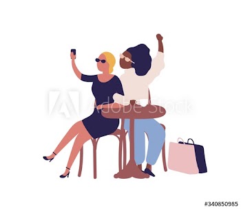 Stylish cartoon diverse woman posing taking selfie at cafe vector flat illustration