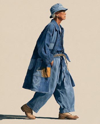 Stylish Elderly Japanese Man in Indigo Attire