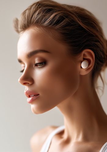 Stylish Female Model with Minimalist In-Ear Earplugs