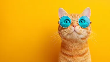 Stylish Ginger Tabby Cat with Blue Sunglasses Stylish Ginger Tabby Cat with Blue Sunglasses