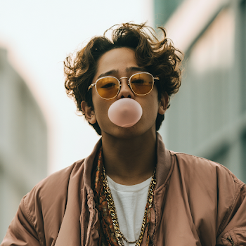 Stylish K-Pop Male Artist Chewing Bubble Gum