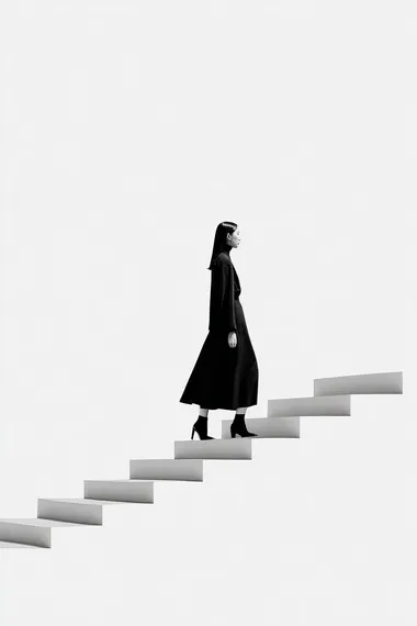 Stylish Korean Woman Walking on Invisible Stairs Stylish Korean Woman Walking on Invisible Stairs