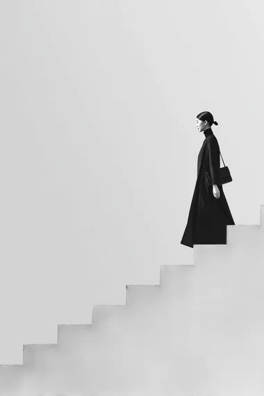 Stylish Korean Woman Walking Up Invisible Stairs Stylish Korean Woman Walking Up Invisible Stairs