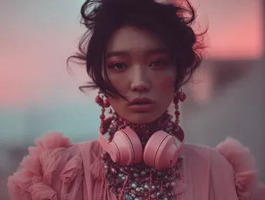 Stylish Korean Woman with Headphones in Modern Portrait Stylish Korean Woman with Headphones in Modern Portrait
