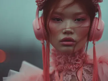 Stylish Korean Woman with Headphones in Vibrant Colors Stylish Korean Woman with Headphones in Vibrant Colors