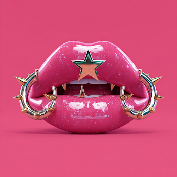 Stylish Lips with Piercings on Vibrant Pink Background