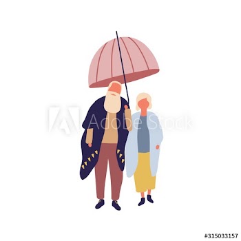 Stylish mature cartoon male and female under umbrella vector flat illustration
