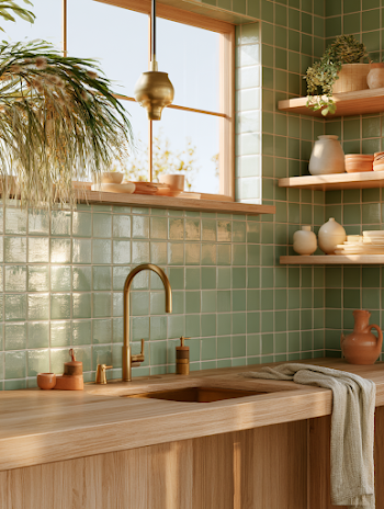 Stylish Minimalist Kitchen with Sage Green Tiles