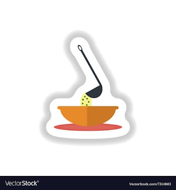 Stylish paper sticker a bowl of soup and ladle vector image