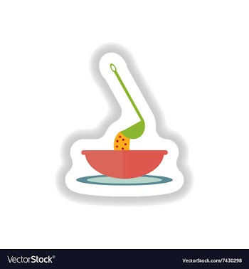 Stylish paper sticker a bowl of soup and ladle vector image