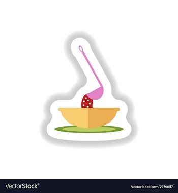 Stylish paper sticker a bowl of soup and ladle vector image