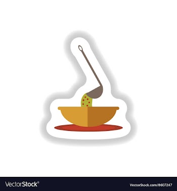 Stylish paper sticker a bowl of soup and ladle vector image
