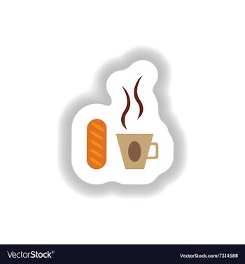 Stylish paper sticker Cup of coffee and a bun vector image