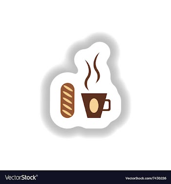 Stylish paper sticker Cup of coffee and a bun vector image