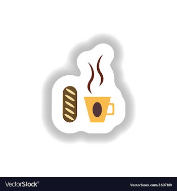 Stylish paper sticker Cup of coffee and a bun vector image