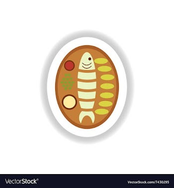 Stylish paper sticker grilled fish on a plate vector image
