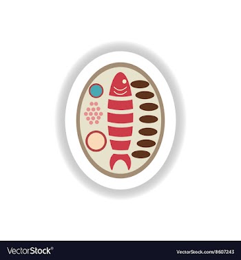 Stylish paper sticker grilled fish on a plate vector image