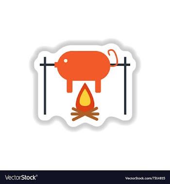 Stylish paper sticker pig roasting on a fire vector image