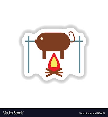 Stylish paper sticker pig roasting on a fire vector image