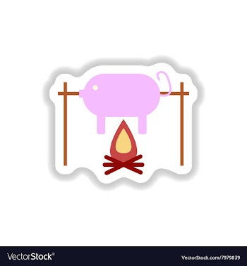 Stylish paper sticker pig roasting on a fire vector image