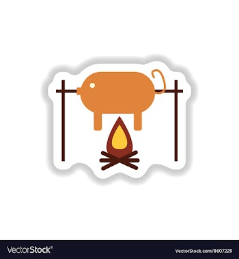 Stylish paper sticker pig roasting on a fire vector image