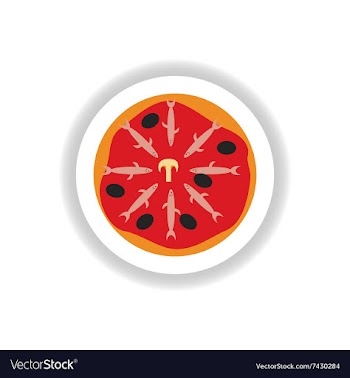 Stylish paper sticker Pizza with salmon and olives vector image