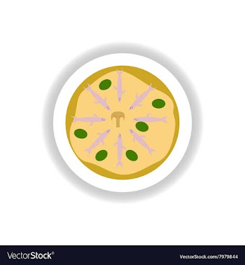 Stylish paper sticker Pizza with salmon and olives vector image