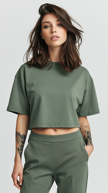 Stylish Punk Female Model in Oversized Olive T-Shirt