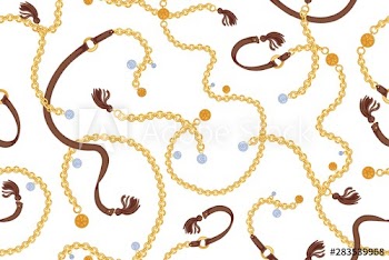 Stylish seamless pattern with luxury golden chain belts decorated by charms and leather tassels on white background