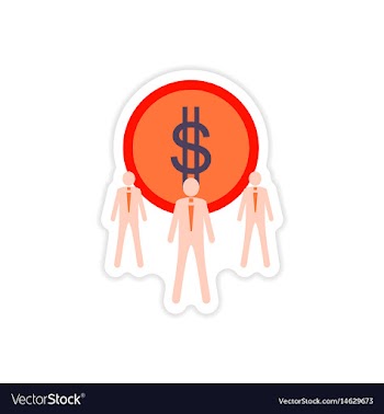 Stylish sticker on paper coin and businessmen vector image
