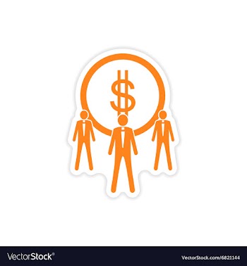 Stylish sticker on paper coin and businessmen vector image