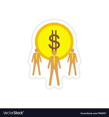 Stylish sticker on paper coin and businessmen vector image