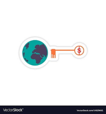 Stylish sticker on paper globe and key money vector image