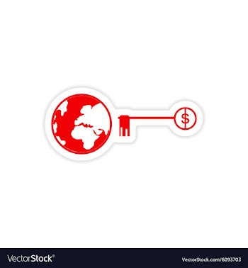 Stylish sticker on paper globe and key money vector image