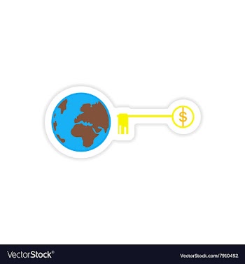 Stylish sticker on paper globe and key money vector image