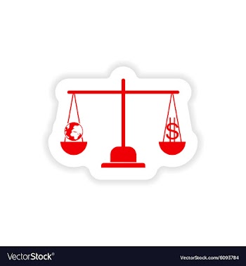 Stylish sticker on paper globe and money on scales vector image
