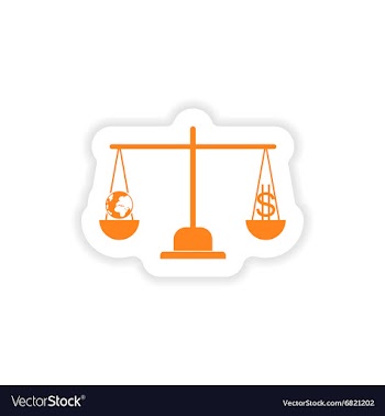 Stylish sticker on paper globe and money on scales vector image