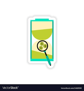 Stylish sticker on paper hourglass and coins vector image
