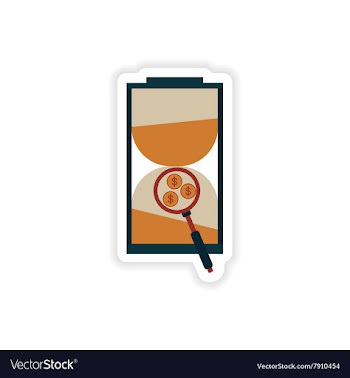 Stylish sticker on paper hourglass and coins vector image