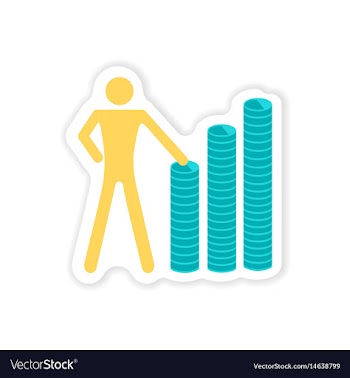 Stylish sticker on paper man and stack of coins vector image