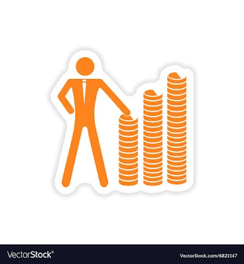 Stylish sticker on paper man and stack of coins vector image