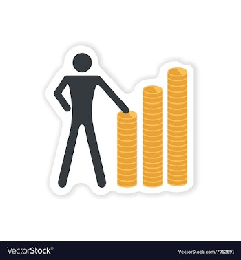 Stylish sticker on paper man and stack of coins vector image