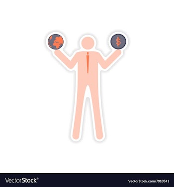 Stylish sticker on paper man holding globe and vector image