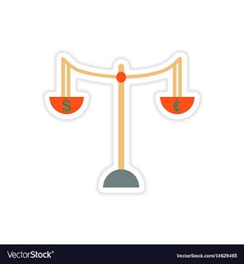 Stylish sticker on paper scales and coins vector image