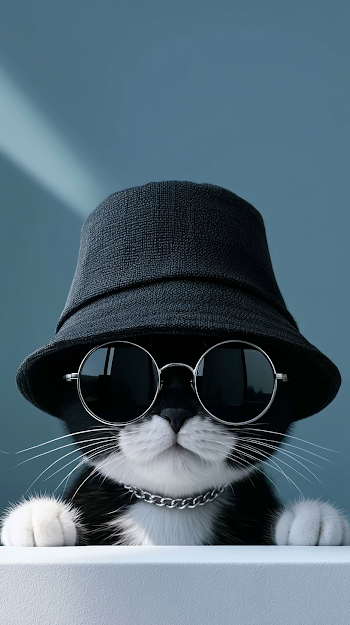 Stylish Tuxedo Cat in Bucket Hat and Sunglasses