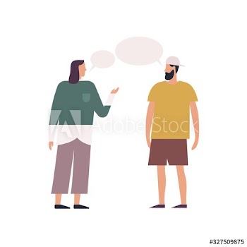 Stylish woman and hipster bearded guy talking each other with speech bubbles isolated on white