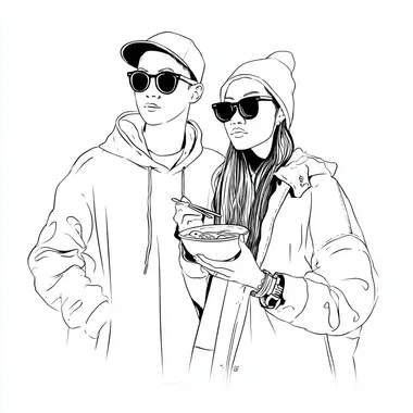 Stylish Young Couple at Music Festival Enjoying Ramen Stylish Young Couple at Music Festival Enjoying Ramen
