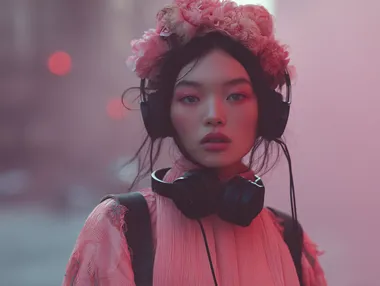 Stylish Young Korean Woman with Headphones in Modern Setting Stylish Young Korean Woman with Headphones in Modern Setting